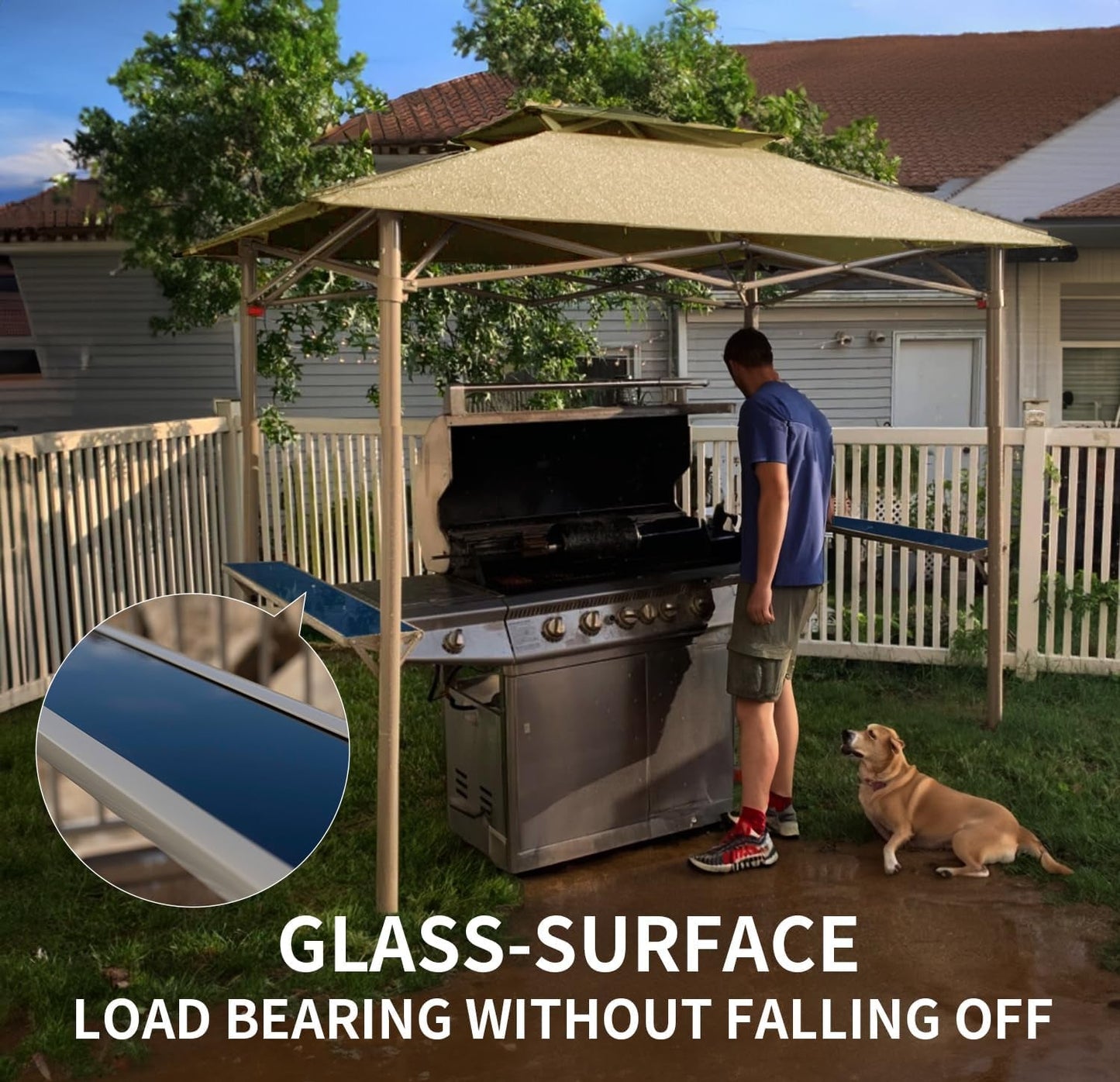 8X5 Grill Gazebo - Pop up Canopy for BBQ and Backyard Patio - Easy Outdoor Barbecue Shade Cover with Double Tier Vented Top & 2 Side Shelves (Beige)-2