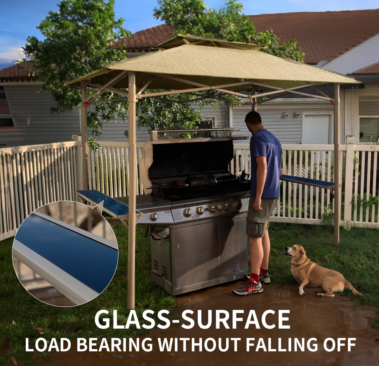 8X5 Grill Gazebo - Pop up Canopy for BBQ and Backyard Patio - Easy Outdoor Barbecue Shade Cover with Double Tier Vented Top & 2 Side Shelves (Beige)-2