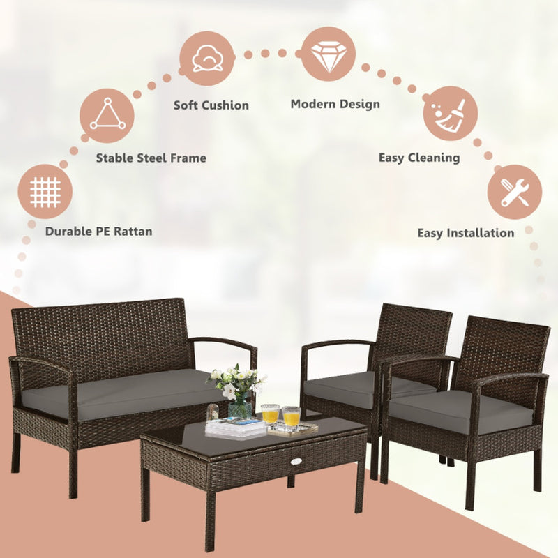 4 Pieces Patio Rattan Cushioned Furniture Set with Loveseat and Table-3