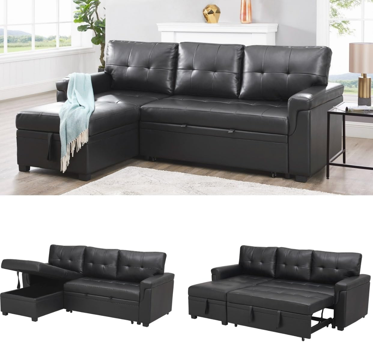 Transform Any Space: Sleeper Sectional Sofa with Convertible Sofa Bed & Inviting Chaise. Find Tranquil Comfort with Stress-Relieving Design & Durable Cushions - Black/Air Leather-0