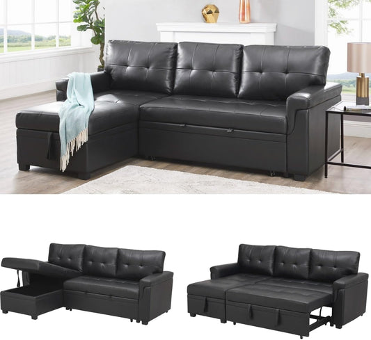 Transform Any Space: Sleeper Sectional Sofa with Convertible Sofa Bed & Inviting Chaise. Find Tranquil Comfort with Stress-Relieving Design & Durable Cushions - Black/Air Leather-0