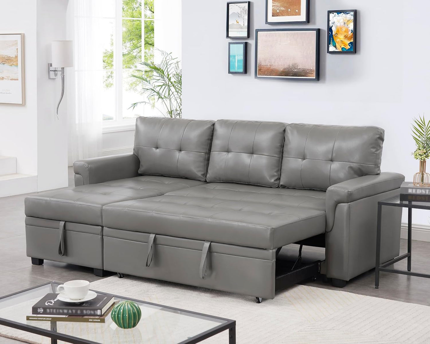 Jenny Sectional Sofa Sleeper with Storage Chaise, Tufted Pull Out Couch with Storage, Sectional Bed, L-Shaped Reversible Sleeper Sofa, Gray,Air Leather-0