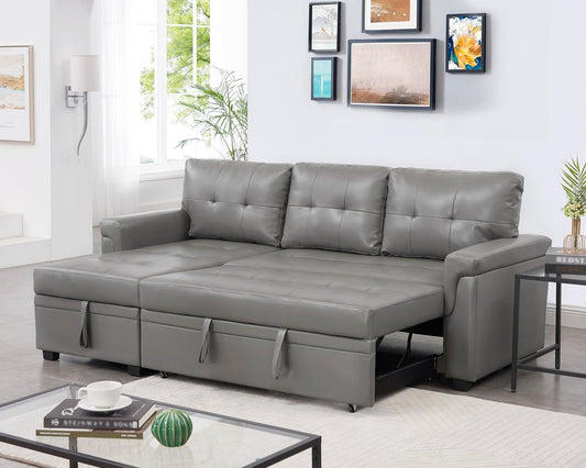 Jenny Sectional Sofa Sleeper with Storage Chaise, Tufted Pull Out Couch with Storage, Sectional Bed, L-Shaped Reversible Sleeper Sofa, Gray,Air Leather-0