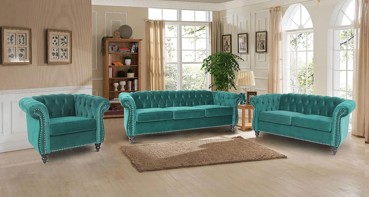 3 Pieces of Living Room Furniture Sofa Sets, Modern Velvet Chesterfield Sofa&Chesterfield Club Chair&Chesterfield Loveseat Sofas Set with Nailhead Trim Scroll Arms for Living Room(Green)-2