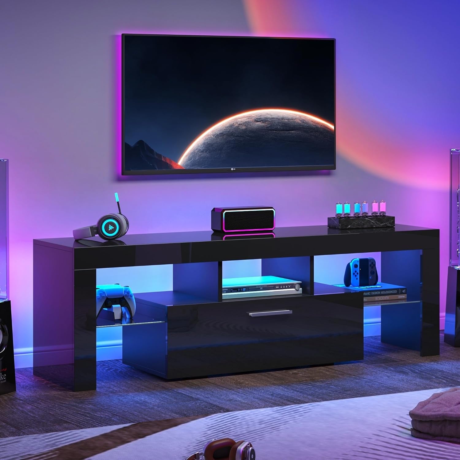 Black LED TV Stand with Large Storage Drawer for 32 40 50 55 Inch Tvs, Modern High Gloss TV Console Table with Entertainment Center for Living Room, Bedroom, Black-4