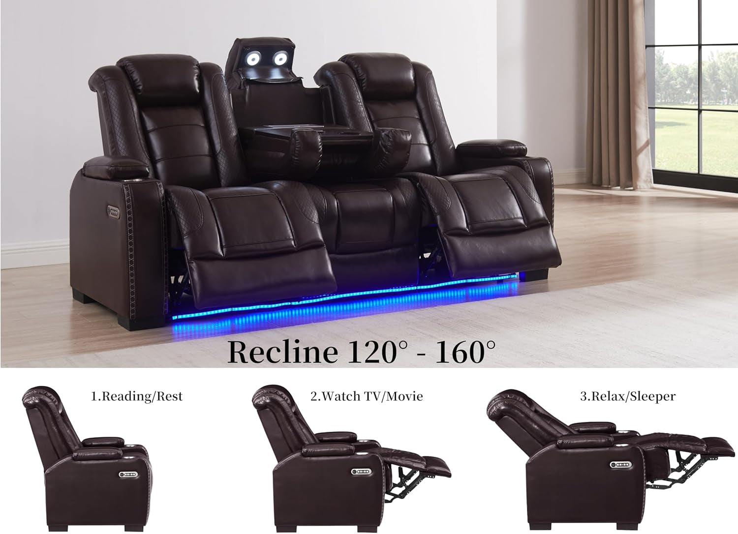 Breather Leather Power Recliner Sofa Couch Set with Adjustable Headrest and Cup Holders, Reclining Couches with Bluetooth Speaker and Wireless Charging for Living Room. Brown-4