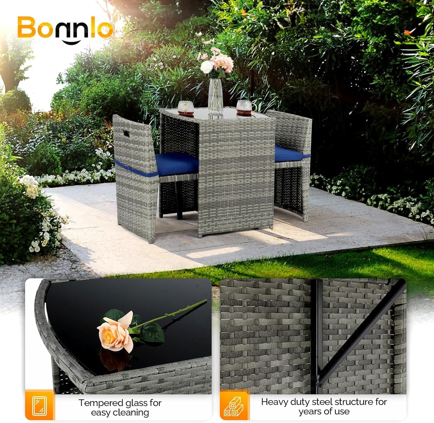 3 PCS Wicker Outdoor Patio Bistro Set, Patio Furniture Set for Small Space with Glass Top Table Dining Chairs, Balcony Furniture Patio Table and Chairs Set of 2 for Garden Yard Porch (Grey)-3