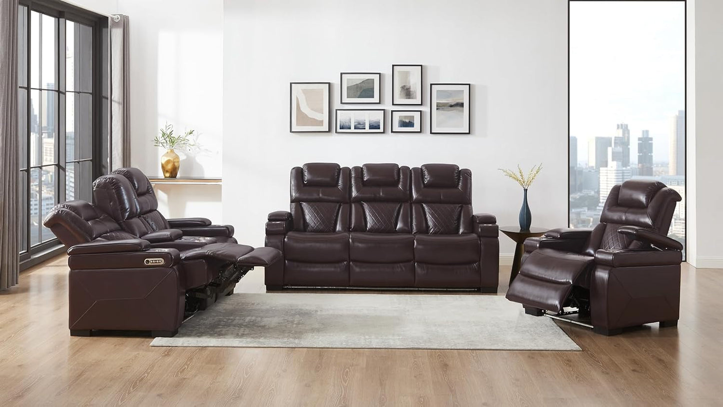 Brown Power Leather Recliner Sofa Set with Features-2