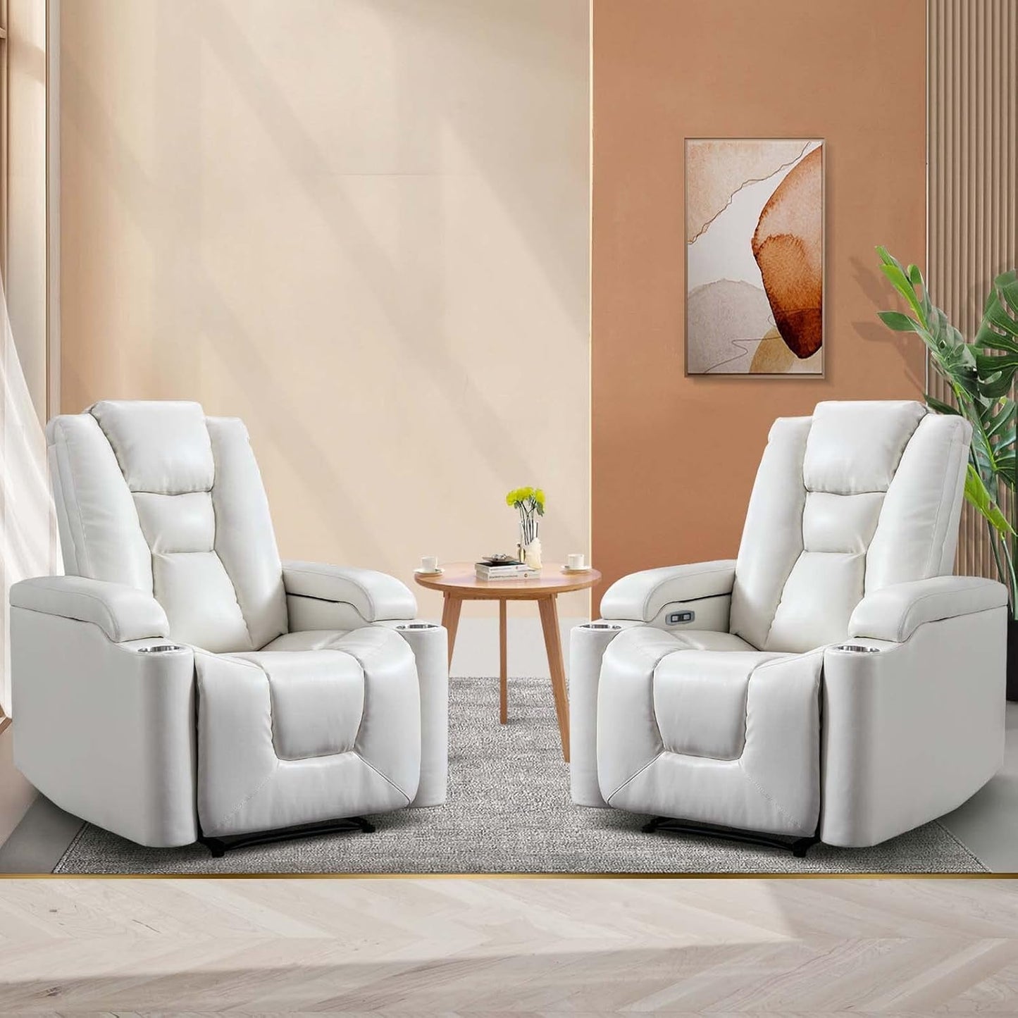 White Power Recliner Chair Set of 2, Electric Home Theater Seating Soft Leather Reclining Chairs for Movie Room Overstuffed Recliners with Hidden Arm Storage, Cup Holders and USB Ports-0