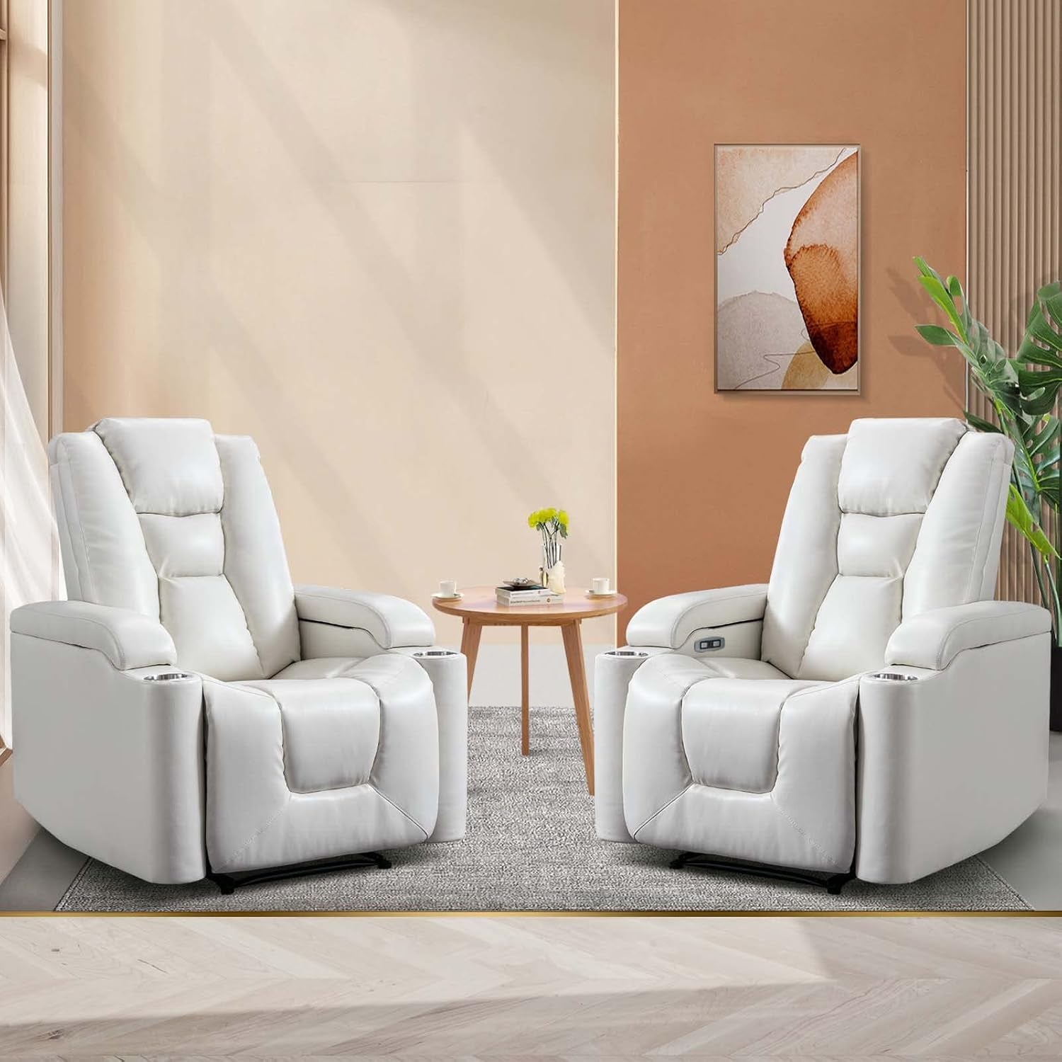 White Power Recliner Chair Set of 2, Electric Home Theater Seating Soft Leather Reclining Chairs for Movie Room Overstuffed Recliners with Hidden Arm Storage, Cup Holders and USB Ports-0