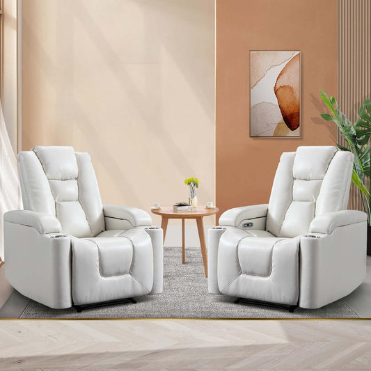 White Power Recliner Chair Set of 2, Electric Home Theater Seating Soft Leather Reclining Chairs for Movie Room Overstuffed Recliners with Hidden Arm Storage, Cup Holders and USB Ports-0
