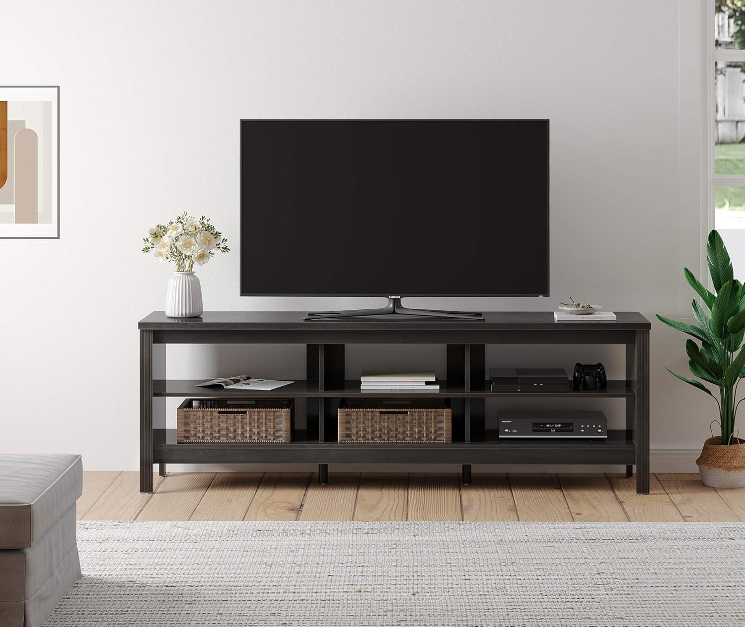 Farmhouse TV Stand for Tvs up to 75 Inches, Black Entertainment Center for 80 Inch TV Console Table with 6 Cubby Storage for Living Room Bedroom, 70''-3