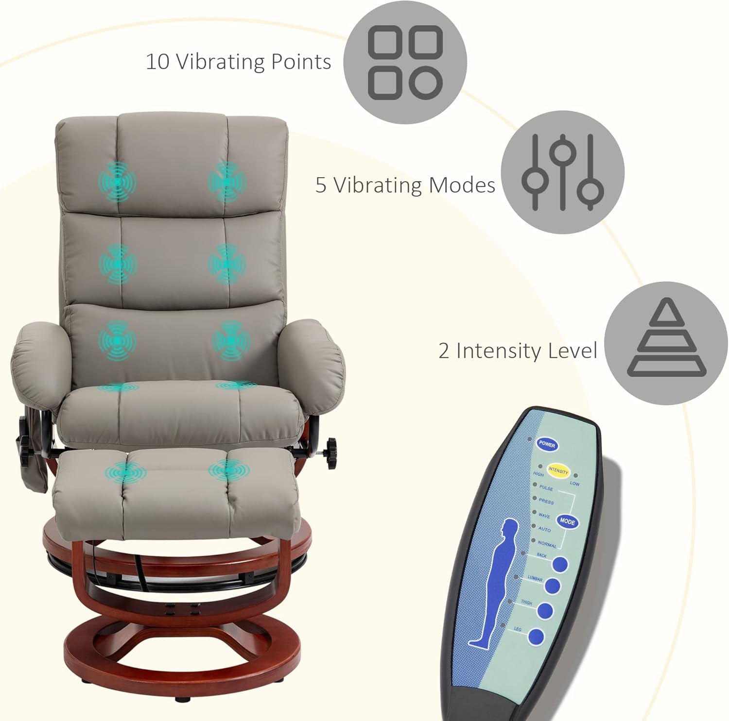 Massage Recliner Chair with Ottoman, Swivel Recliner and Footrest, Faux Leather Reclining Chair with Remote Control and Side Pocket, Gray-3