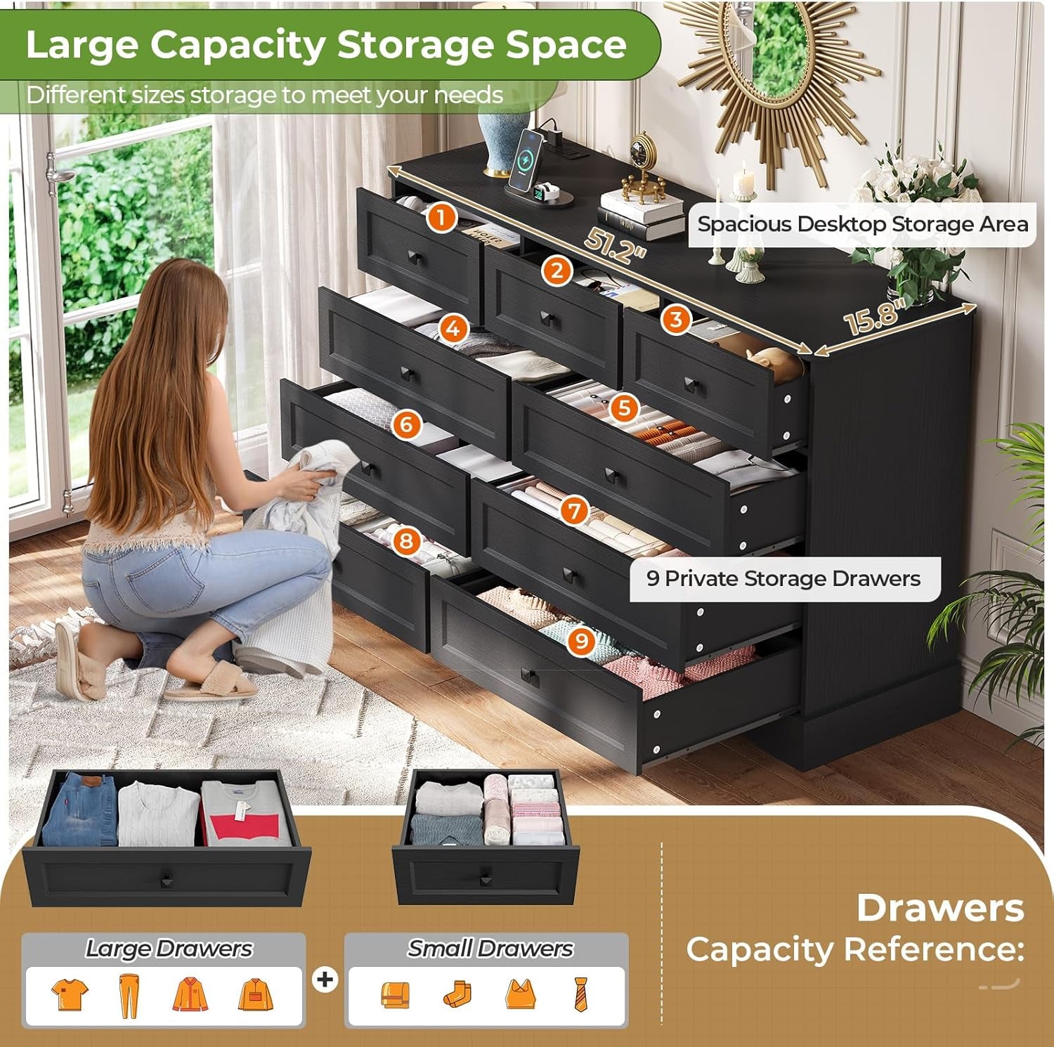 Black Dresser for Bedroom with 9 Drawers, 51.2" Large Drawer Dresser with Charging Station, Wide Farmhouse Dresser Chest of Drawers, Wooden Storage Tower Organizer, Dresser for Bedroom Closet-2