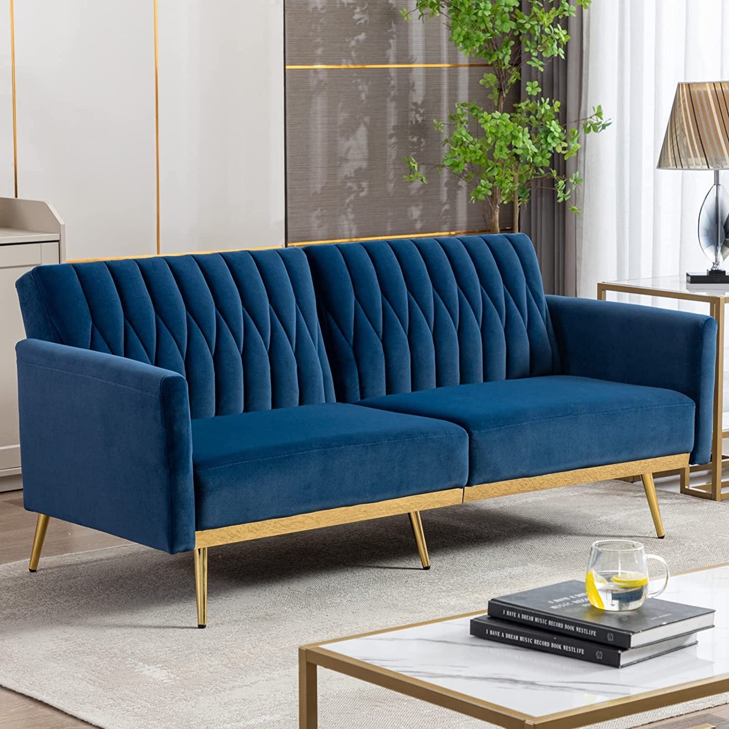 Blue Velvet Convertible Sofa Bed with Metal Legs-1
