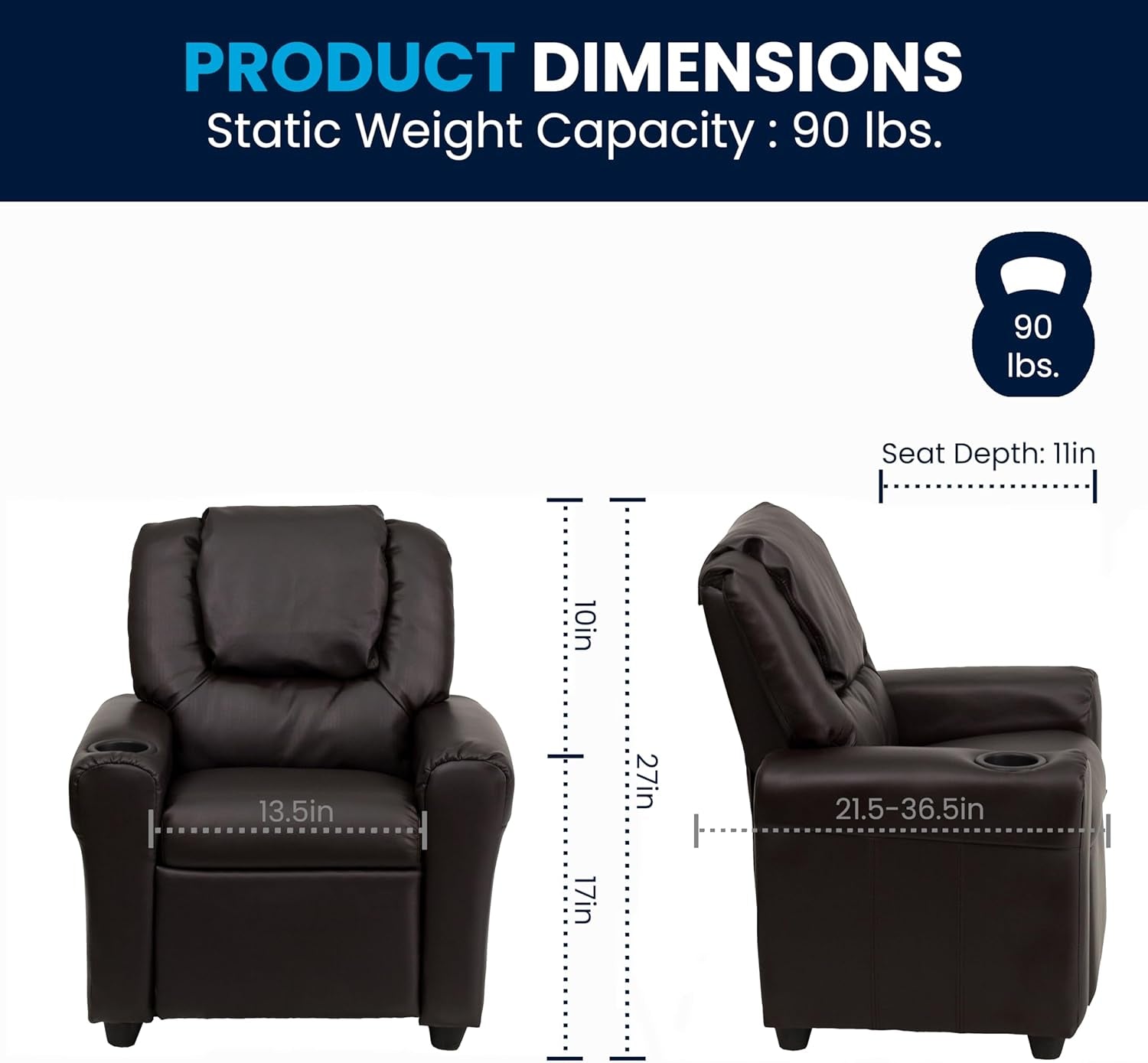 Vana Leathersoft Kids Recliner with Cup Holder, Headrest, and Safety Recline, Contemporary Reclining Chair for Kids, Supports up to 90 Lbs., Brown-2