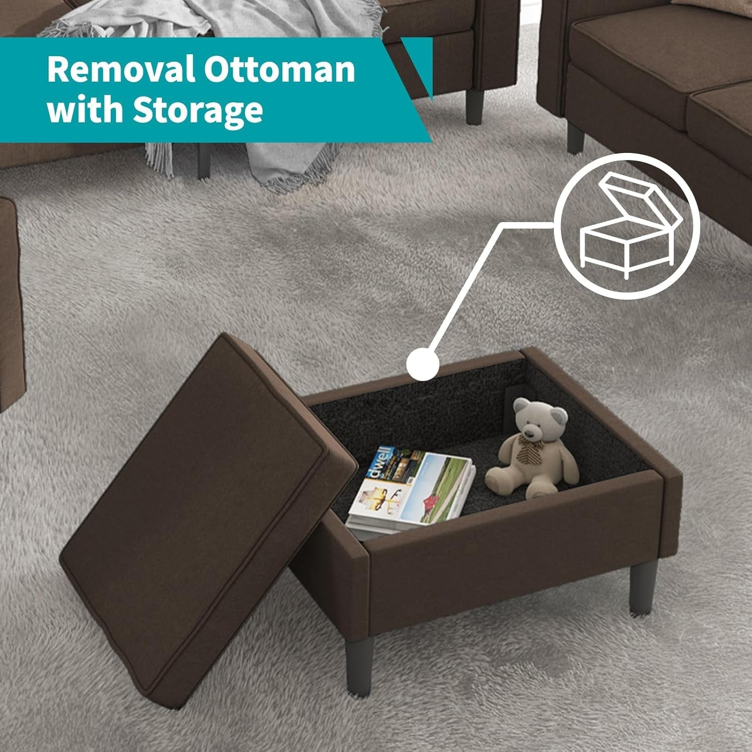Sectional Sofa with Movable Storage Ottoman, L Shaped Sofa Couches for Living Room Furniture Set with Side Pockets, Modern Sofas Easy Assembl/Free Combination - Brown-3