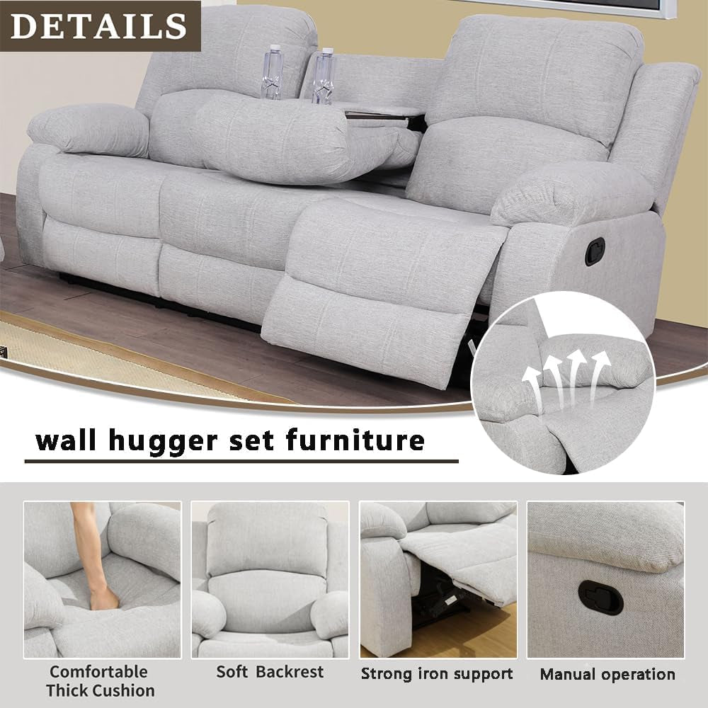 Grey White Microfiber Leather Recliner Sofa Set-2