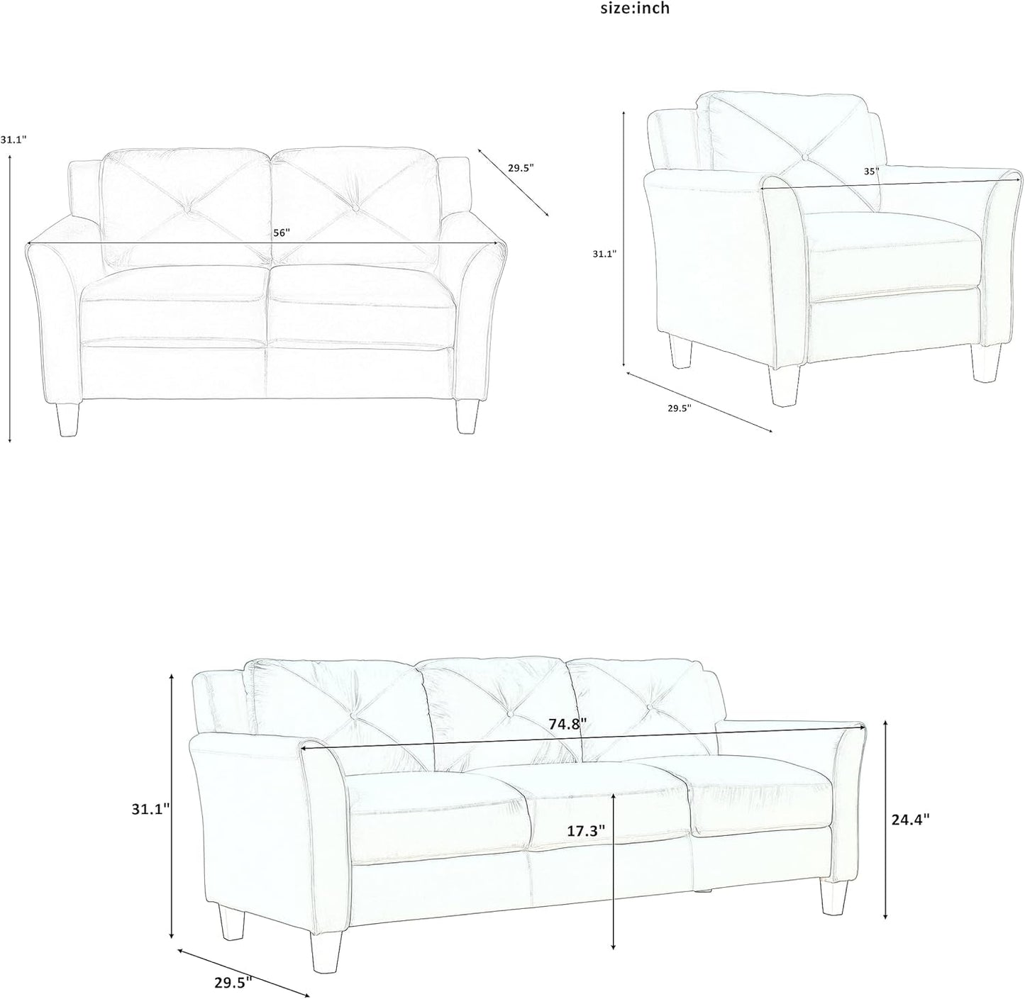 3-Piece Upholstered Living Room Furniture Set,Includ Button Tufted Sectional Sofa & Loveseat Couches and Armchair with Rolled Arms,Side Pockets and Cushion Back, Comfy Sofa & Couch for Home Office-3