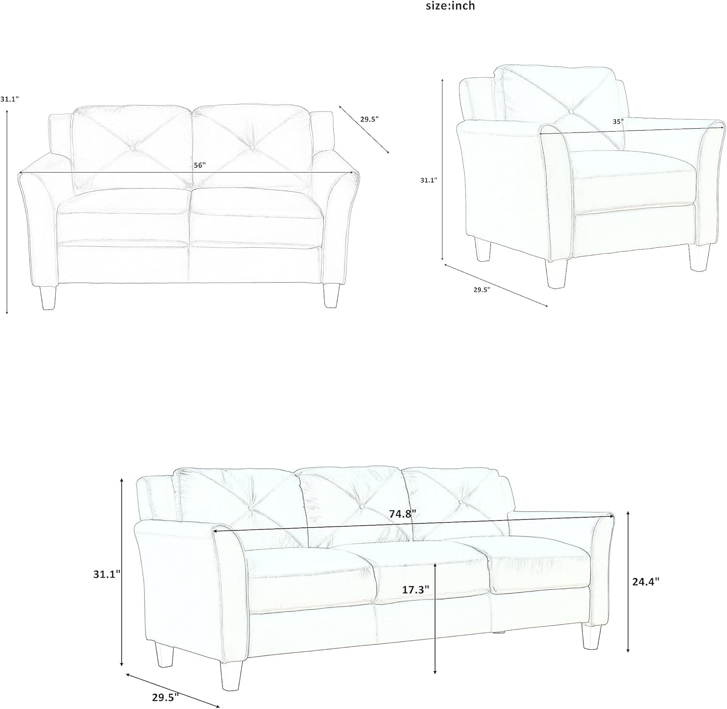 3-Piece Upholstered Living Room Furniture Set,Includ Button Tufted Sectional Sofa & Loveseat Couches and Armchair with Rolled Arms,Side Pockets and Cushion Back, Comfy Sofa & Couch for Home Office-3