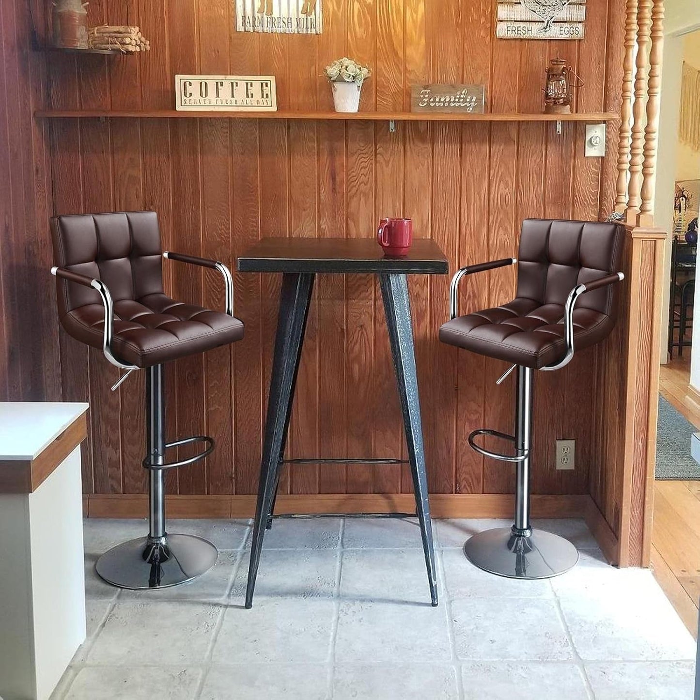Tall Bar Stools Set of 2 Modern Square PU Leather Adjustable Barstools Counter Height Stools with Arms and Back Bar Chairs 360° Swivel Stool, Brown-1