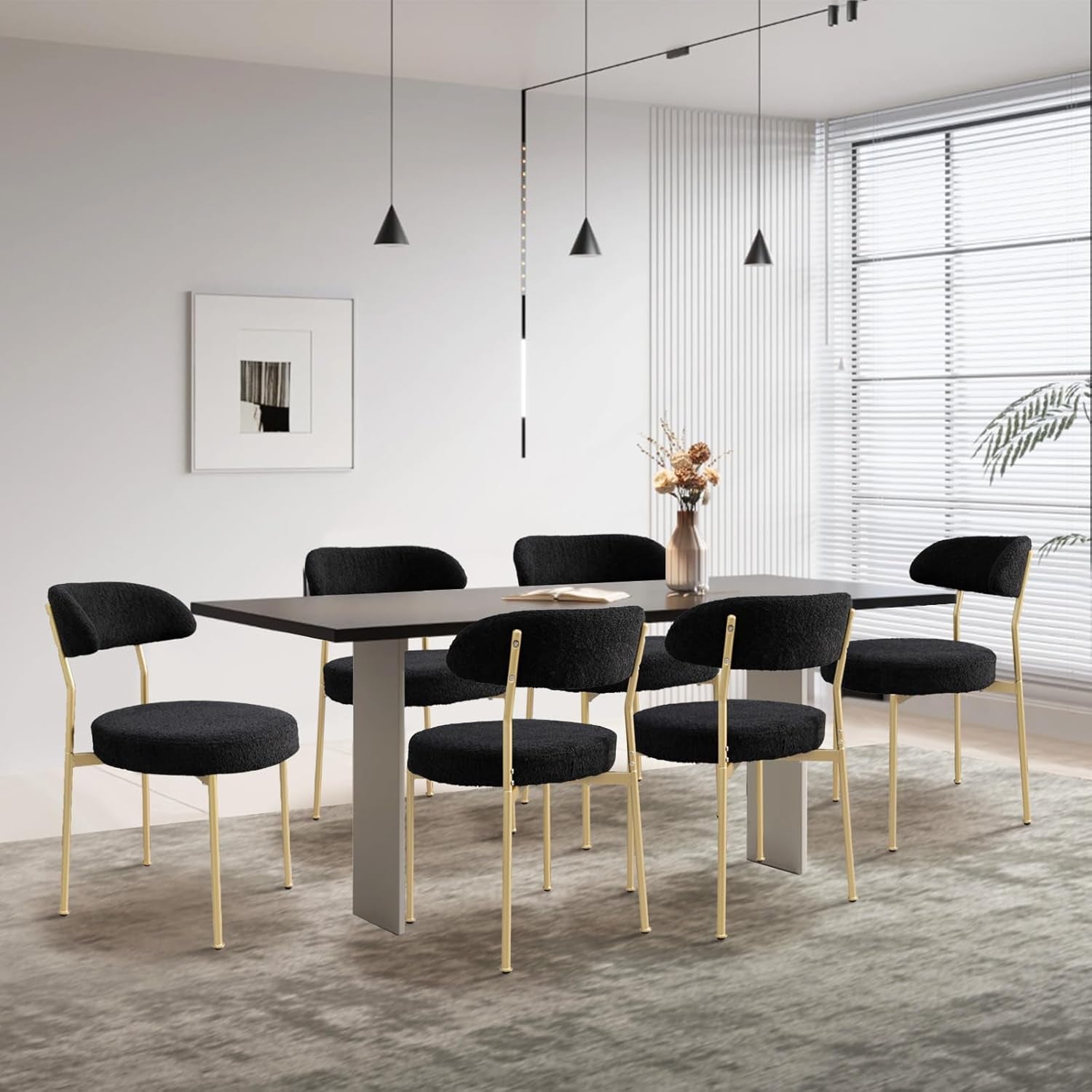 Dining Chairs, Black Boucle Dining Chairs Set of 6, Kitchen Dining Room Chairs Curved Backrest Upholstered Mid Century Modern Dining Chairs with Golden Metal Legs-1