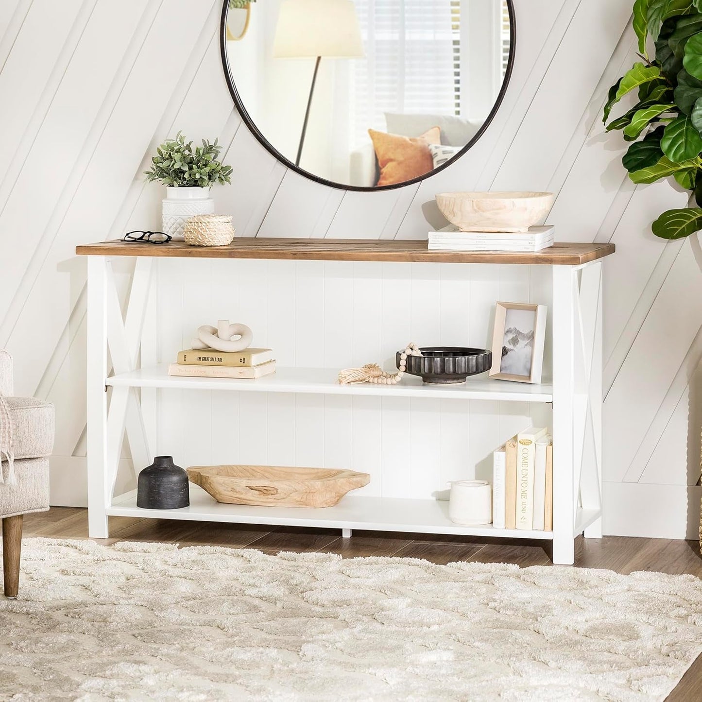 2 Tier Modern Farmhouse Wood Bookcase Bookshelf Storage Home Office Storage Cabinet, 52 Inch, White-1