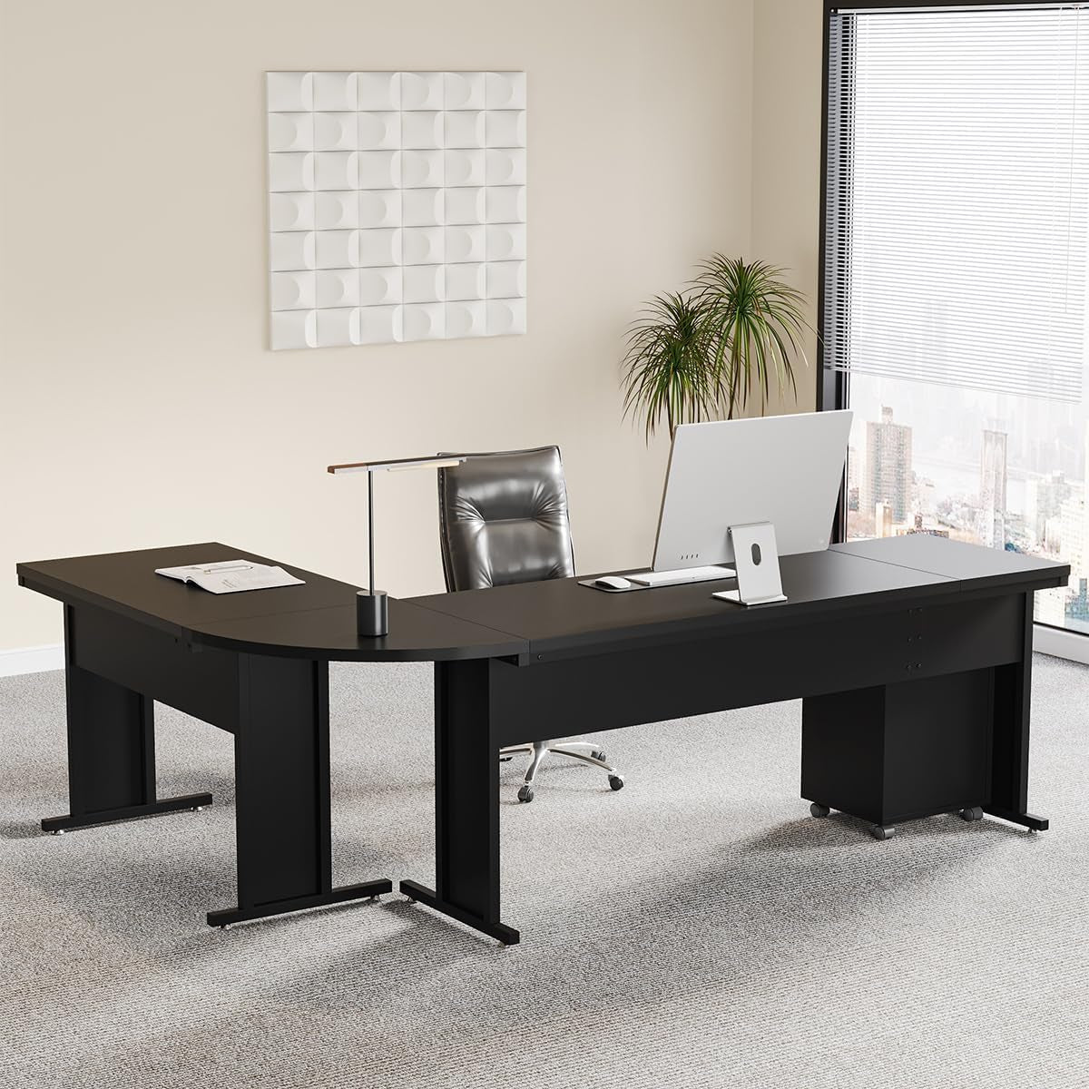 83" L-Shaped Executive Desk, Large Office Desk with 3-Drawer Mobile File Cabinet, Industrial Computer Desk with Storage Drawers, Business Furniture Table Workstation for Home Office (Black)-4