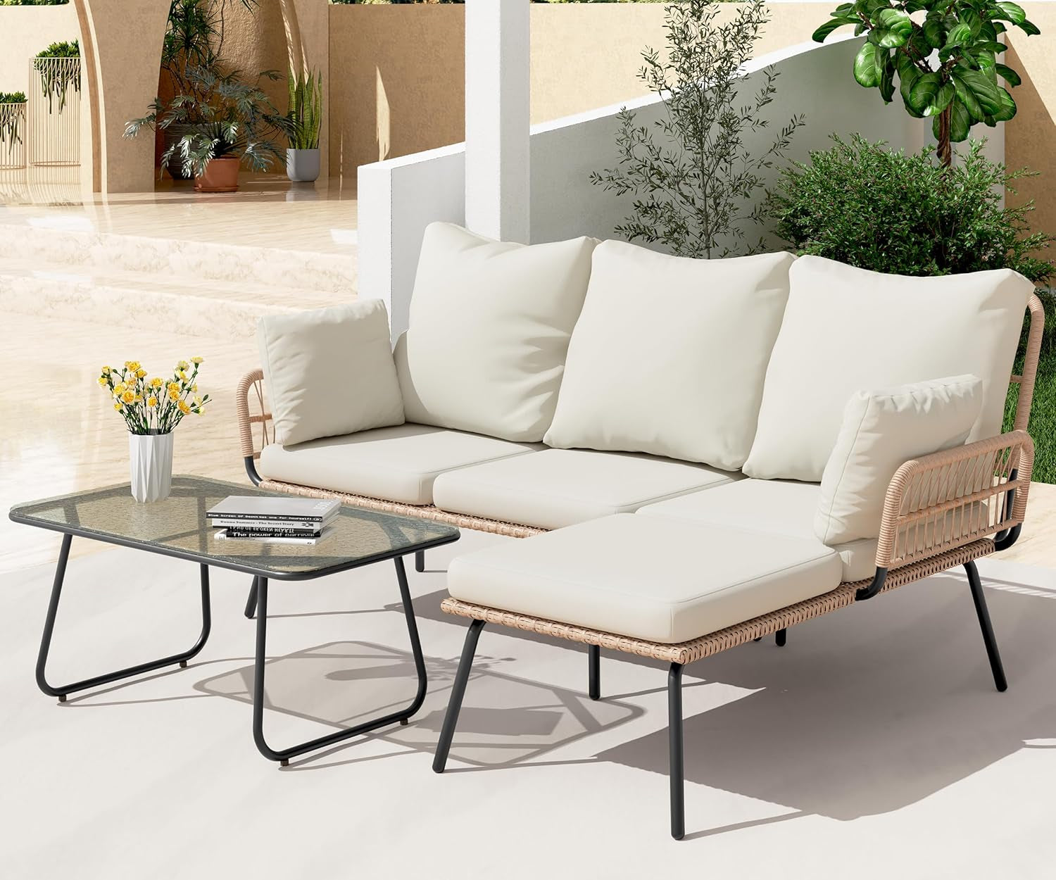 L-Shaped Outdoor Loveseat Sectional Set for Patio, Backyard, Porch with Thick Cushions, Detachable Lounger, Coffee Table-4