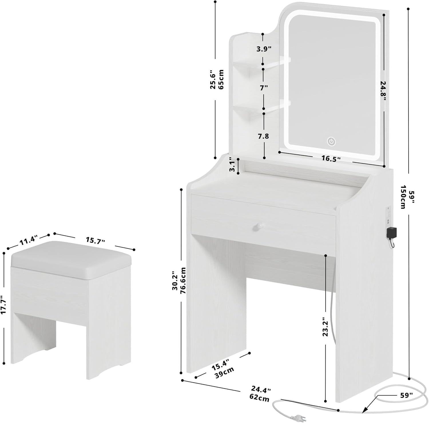 White Small Vanity Set Mirror, Lights, Storage, Chair-2