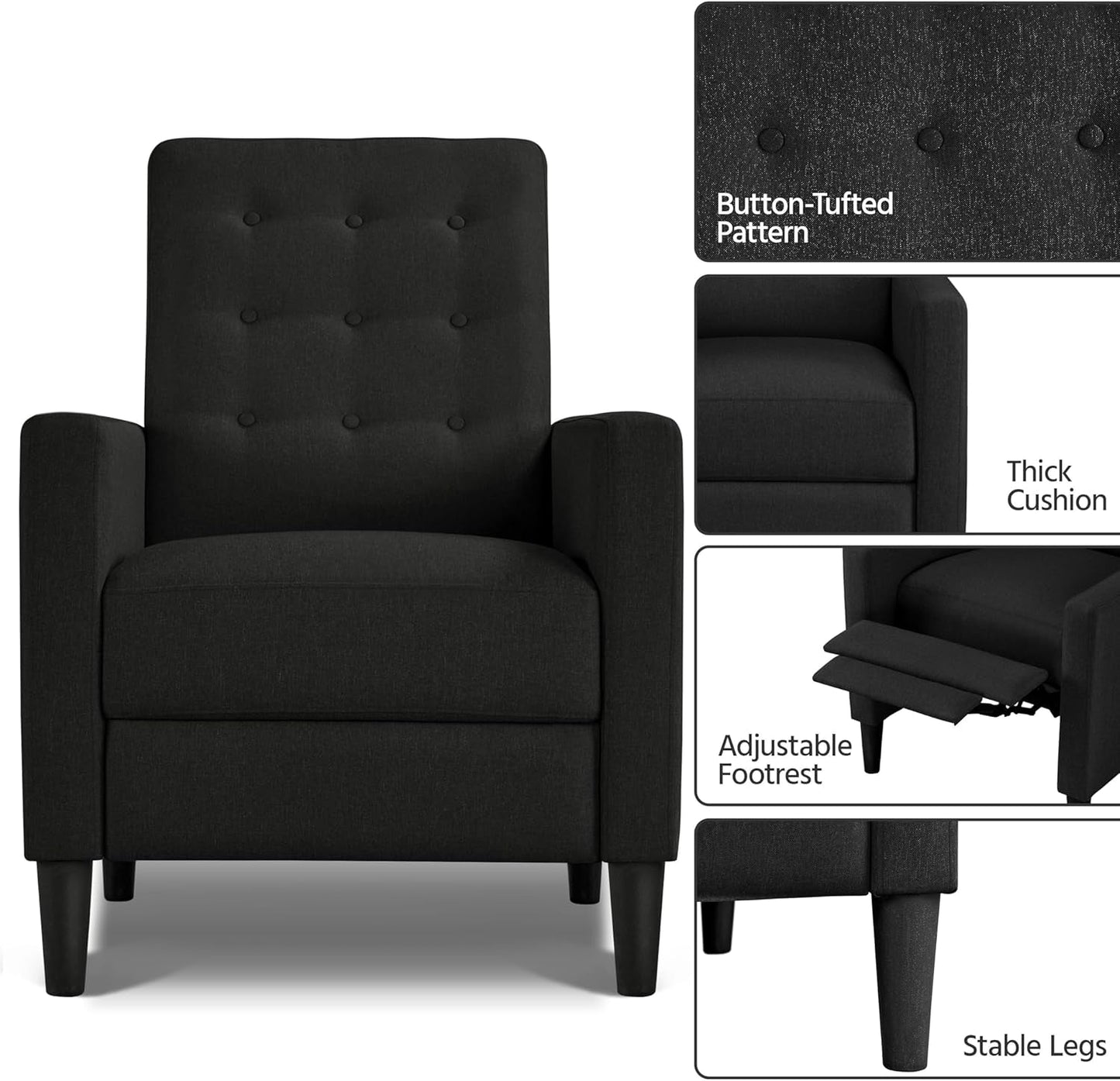 Fabric Recliner Chair Mid-Century Modern Recliner Adjustable Single Recliner Sofa with Thicker Seat Cushion Tufted Upholstered Sofa with Pocket Spring for Living Room Bedroom Black-4