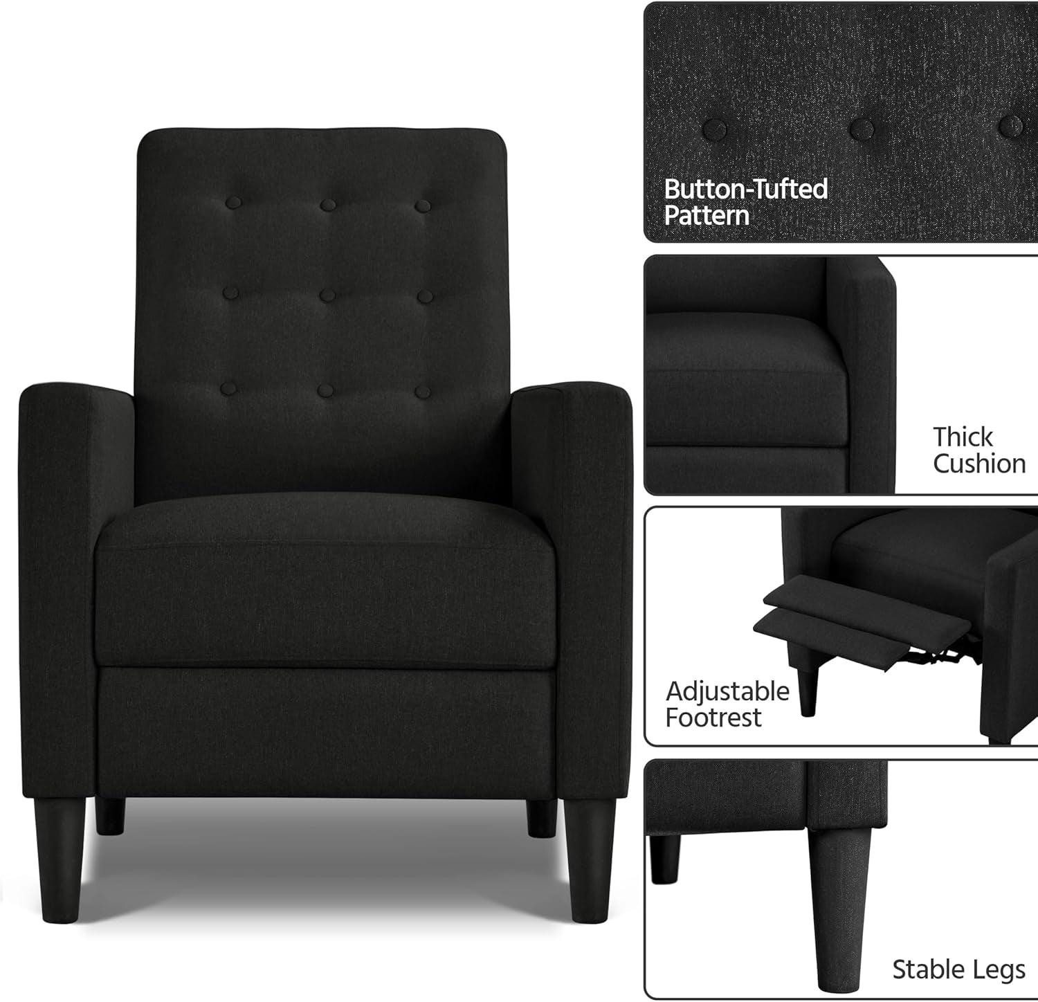 Fabric Recliner Chair Mid-Century Modern Recliner Adjustable Single Recliner Sofa with Thicker Seat Cushion Tufted Upholstered Sofa with Pocket Spring for Living Room Bedroom Black-4