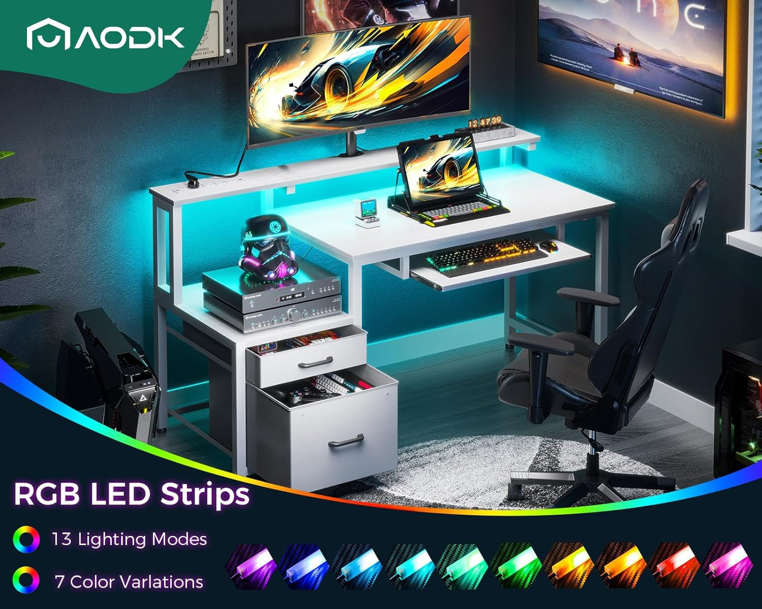 48" Computer Desk with Fabric File Cabinet and Drawer, Reversible Office Desk with Power Outlet and LED Light, Study Desk with Printer Stand, Keyboard Tray, Full Monitor Riser and PC Stand, White-4