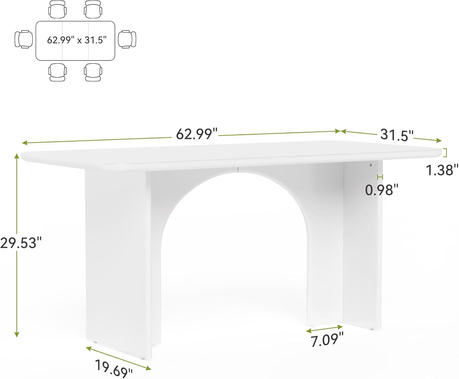 63-Inch Dining Table for 4-6 People, Large Kitchen Dinner Table with Arch Base Design for Kitchen Dining Room, Living Room, White-2