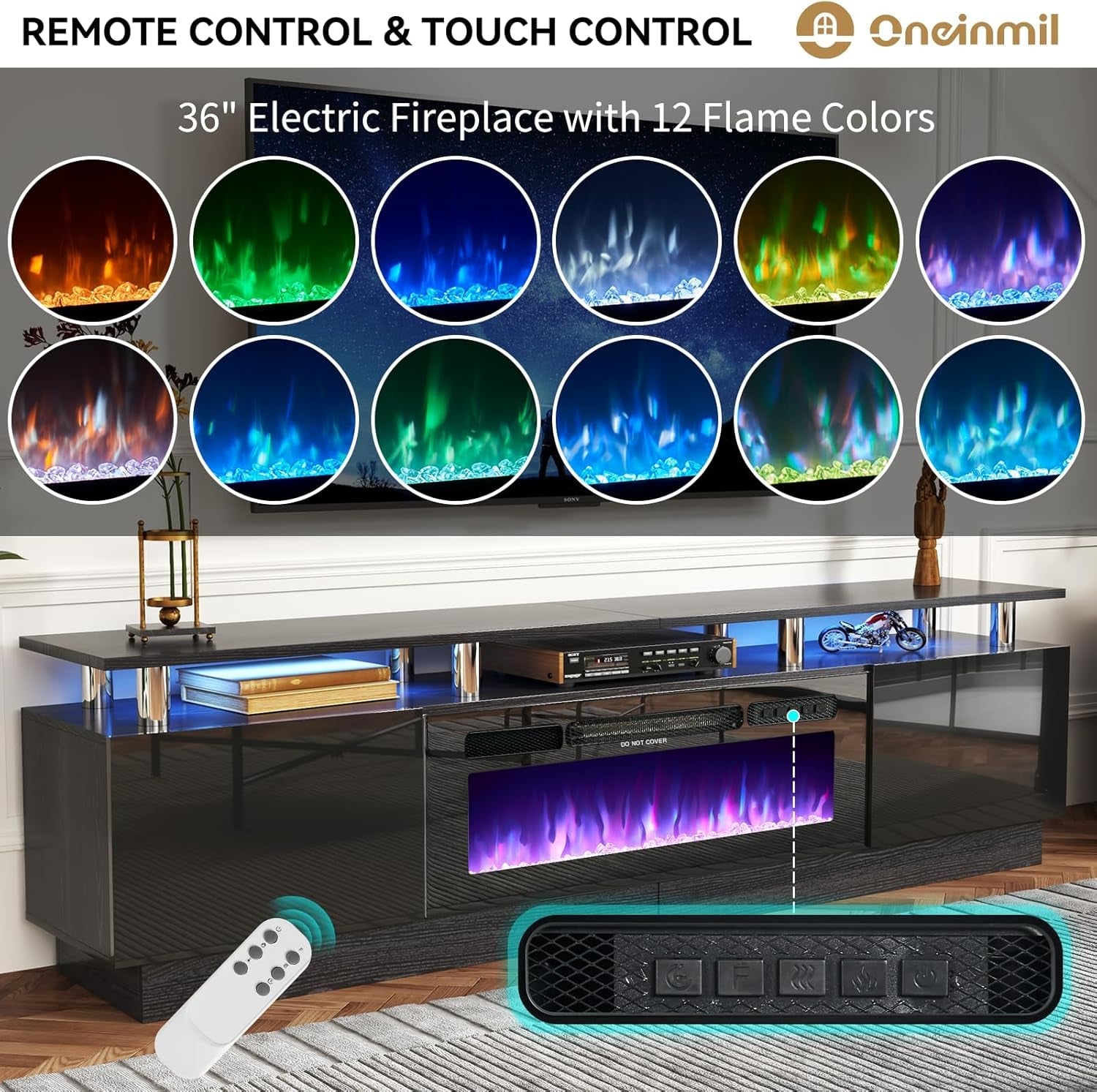 80" Modern Electric Fireplace TV Stand for Tvs up to 90 Inch, with Electronic Flame and LED Lights, Luxury High Gloss Finish Entertainment Center, TV Console Cabinet for Living Room, Black-2