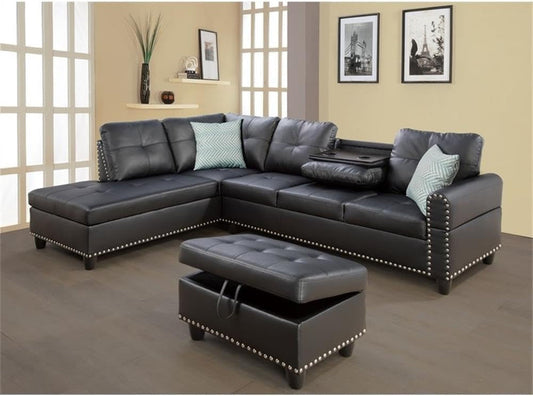 Transitional PU Faux Leather Sectional Sofa with Lift-Top Storage Ottoman, for Living Room in Black Finish-1