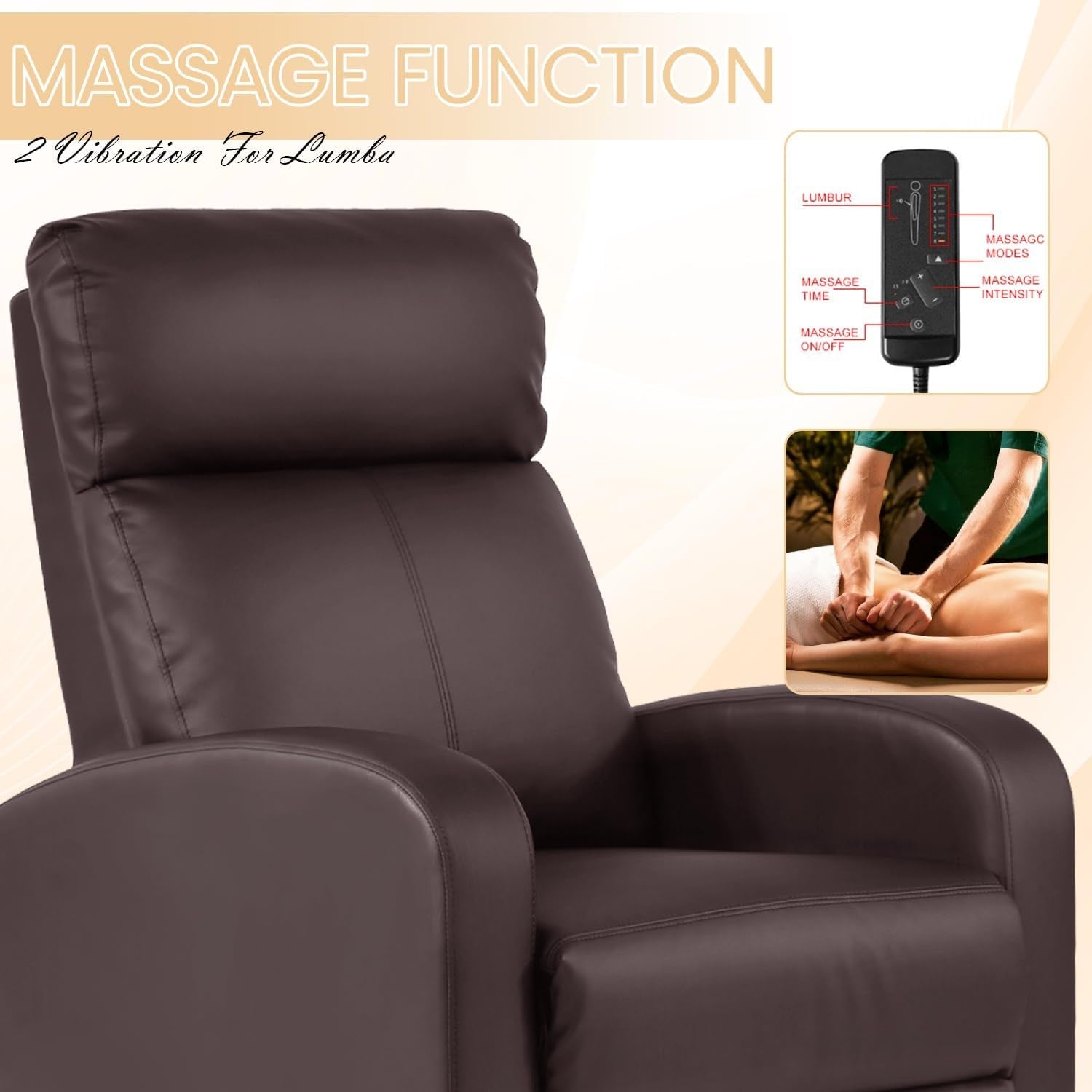 Recliner Chair Breathable Padded PU Leather Massage Single Sofa Recliners for Small Recliner Chair with Footrest Home Theater Seating for Bedroom Living Room,Brown-3