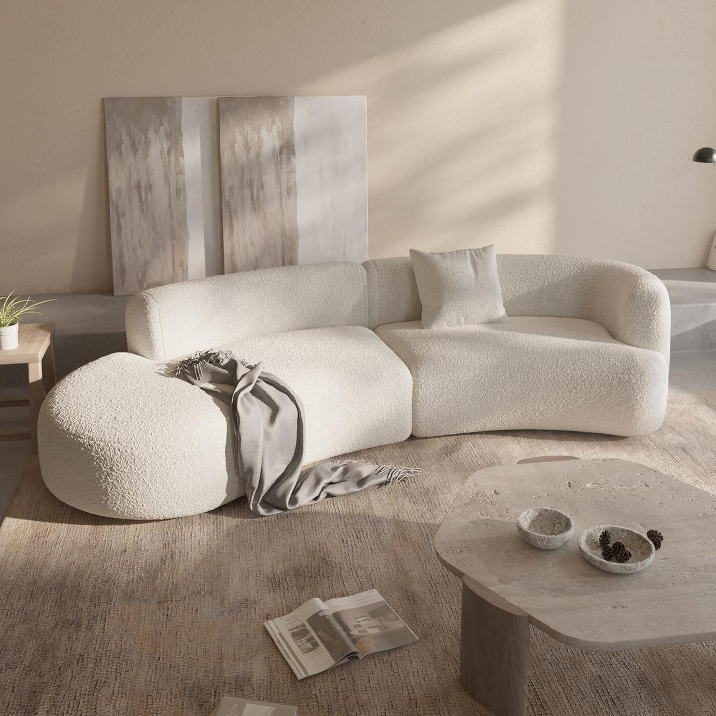 Modern Curved Sectional Living Room Couch, Minimalist Comfy Boucle Fabric Modular Sofa for Apartment, Home Office, Left Hand Facing, White-2