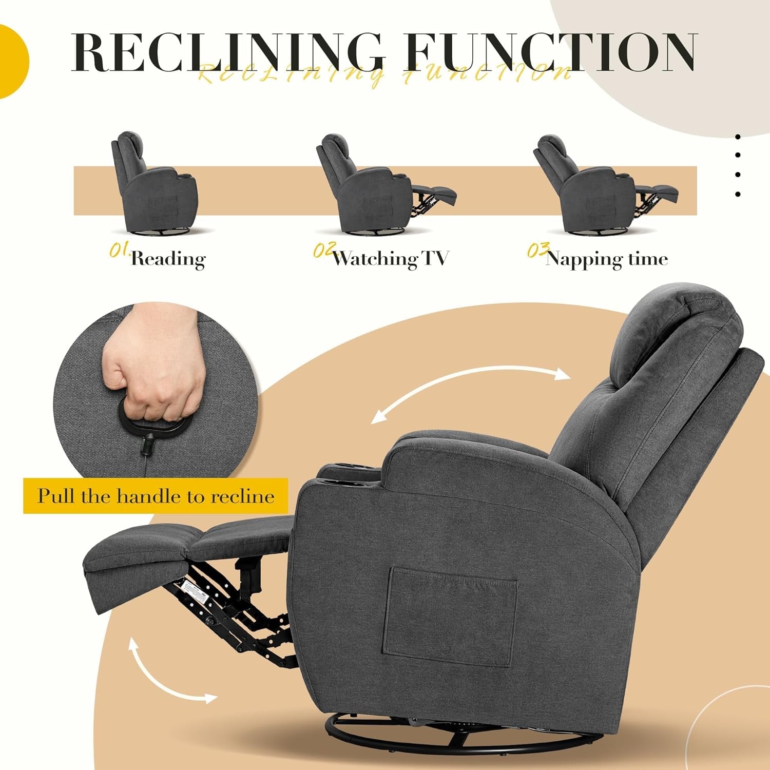 Recliner Chair,360° Swivel Rocker Chair for Adults, Rocking Recliner Chair with Massage, Comfy Single Sofa with Side Pockets Cup Holders for Living Room, Bedroom, Nursery (Fabric, Gray)-4
