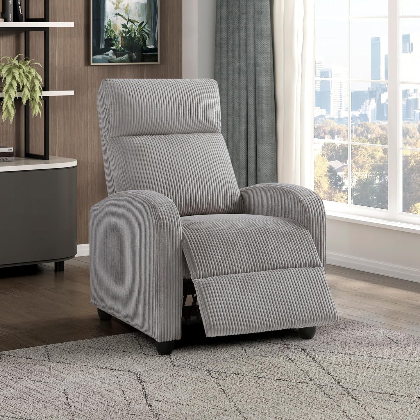 Pushback Recliner Chair Armchair Push Back Recliner, Corduroy Chair with Solid Wood Frame and Metal Seat Base, Single Sofa Accent Chair for Living Room/Office/Apartment, Light Grey-0