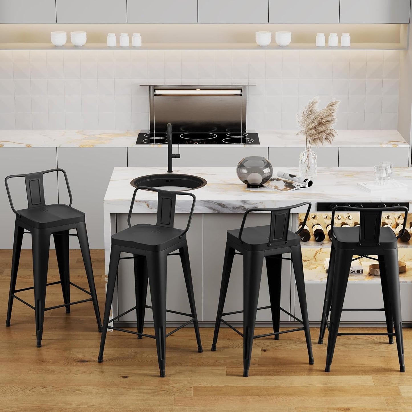 26" Metal Bar Stools Set of 4 Counter Height Barstools Industrial Counter Stool Kitchen Bar Chairs Indoor Outdoor-Low Back, Black-3