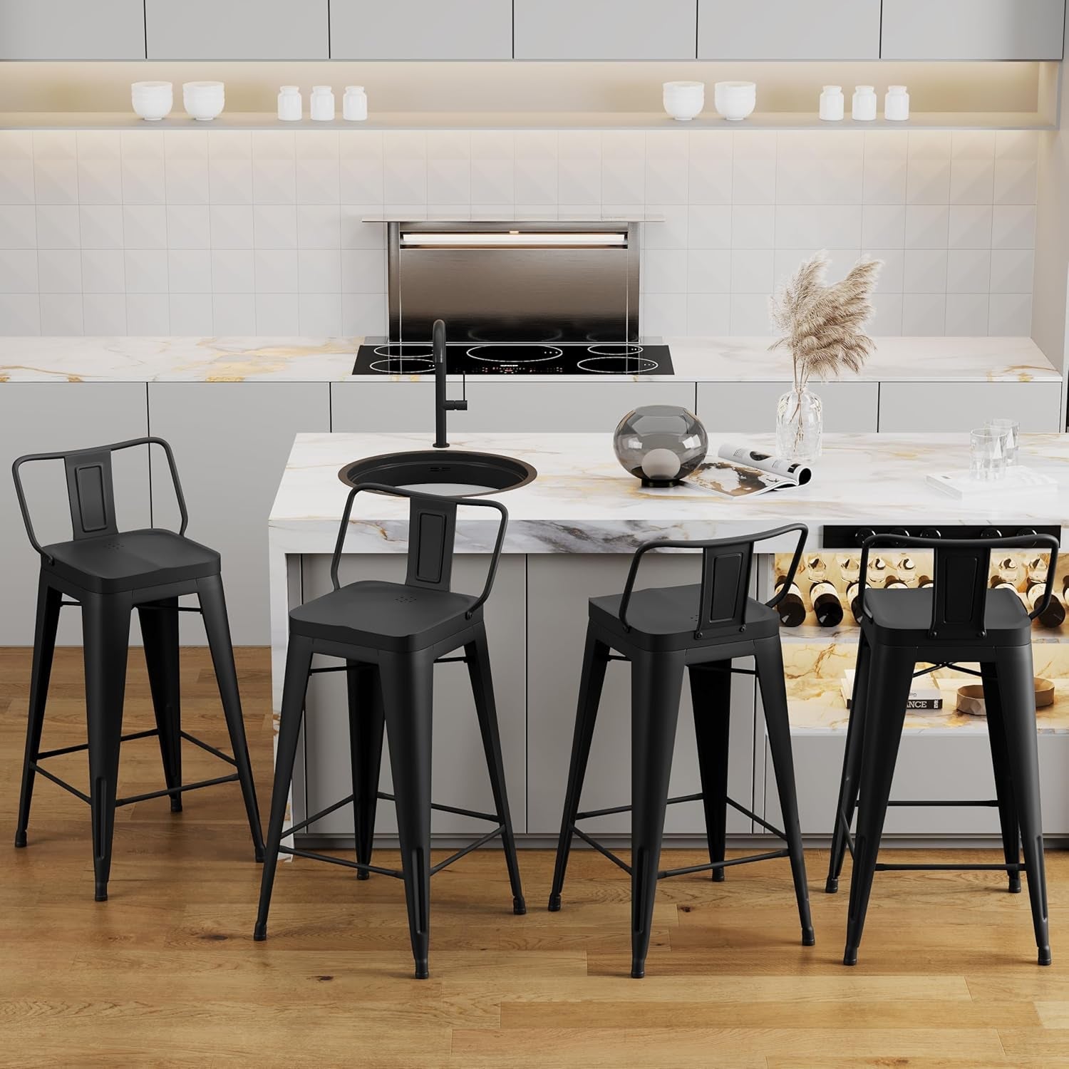 26" Metal Bar Stools Set of 4 Counter Height Barstools Industrial Counter Stool Kitchen Bar Chairs Indoor Outdoor-Low Back, Black-3