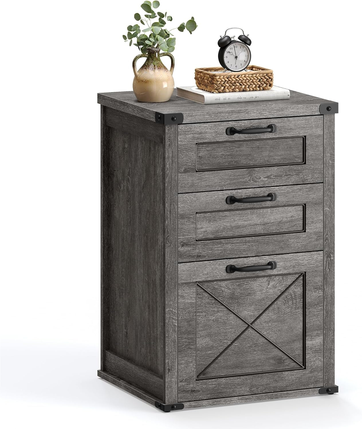 File Cabinet, Filing Cabinet with 3 Drawers, Printer Stand, Fit A4, Letter Size, Hanging File Folders, Modern Farmhouse Style, for Home Office, Misty Gray UOFC054G01-0