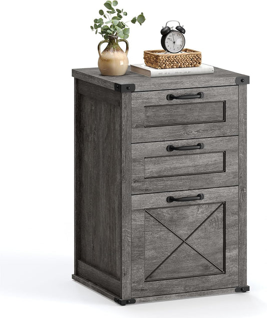 File Cabinet, Filing Cabinet with 3 Drawers, Printer Stand, Fit A4, Letter Size, Hanging File Folders, Modern Farmhouse Style, for Home Office, Misty Gray UOFC054G01-0