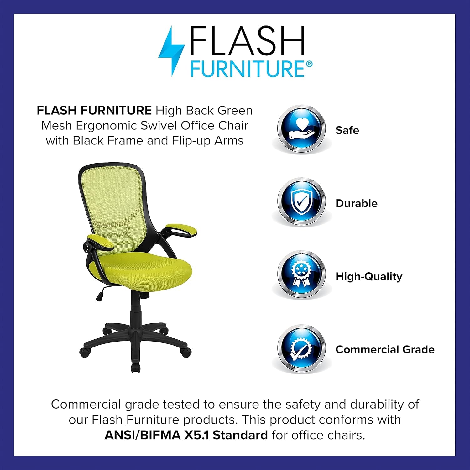 Porter Mesh High Back Ergonomic Swivel Office Chair with Lumbar Support, Flip-Up Arms, Tilt Lock/Tilt Tension, Height Adjustable, Black/Green Frame-3