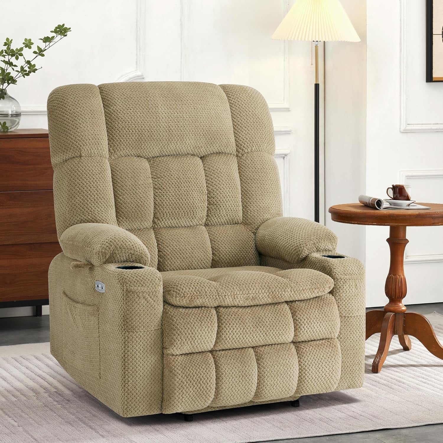 Large Dual Motor Power Lift Recliner Chair Sofa with Massage and Heat for Big Elderly People, Infinite Position, USB Ports, Fabric R7891 (Large-Wide, Beige)-1