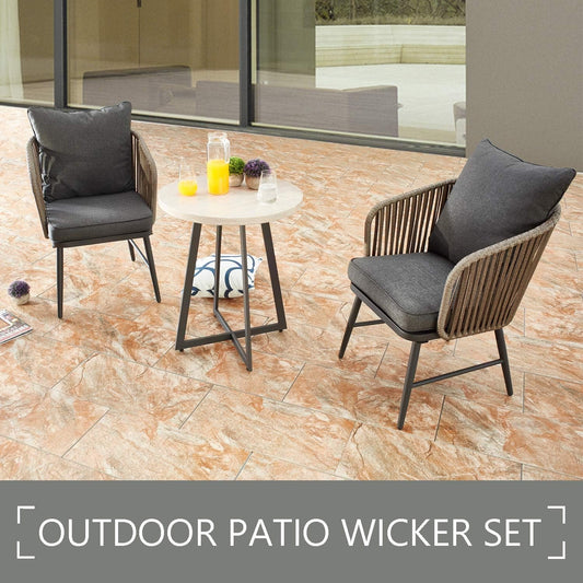 3 Piece Bistro Set Outdoor Patio Wicker Chairs and Table Metal Frame Modern Rattan Chair with Cushion and Small Coffee Table for Balcony Backyard Garden Poolside (Beige Tabletop, 3 Pcs)-1