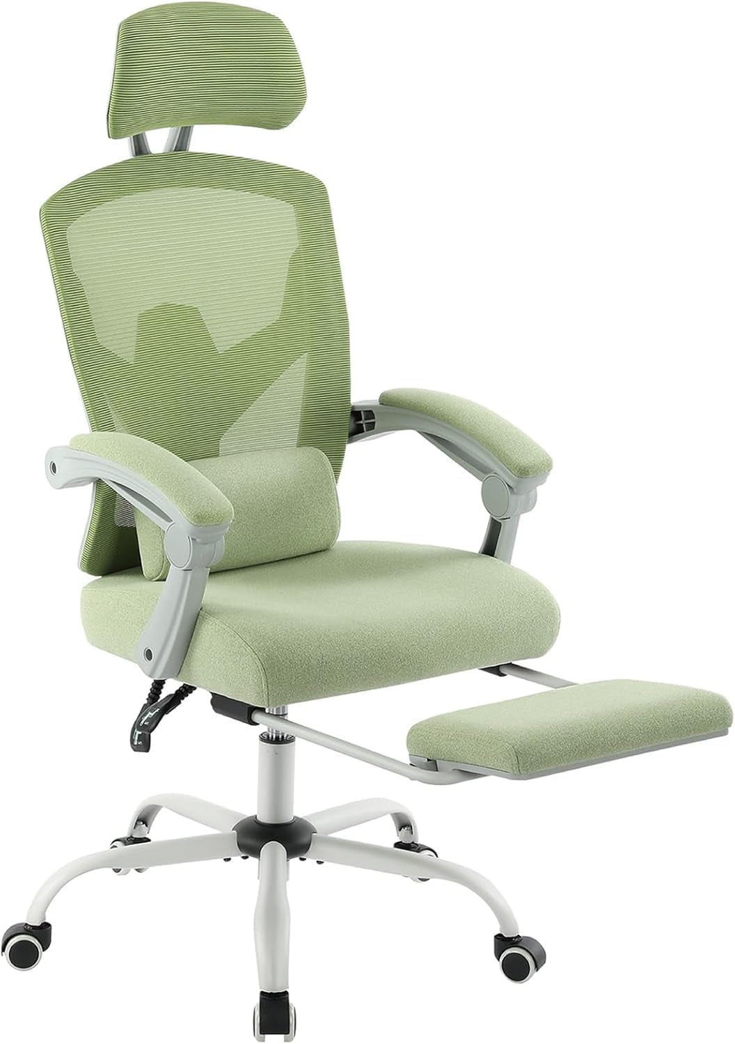Home Office Desk Chair with Footrest, High-Back Mesh Rolling Swivel Reclining Chairs with Wheels, Comfortable Headrest, Lumbar Support, Comfy Arms for Home, Office, Gaming, Student, Green-0