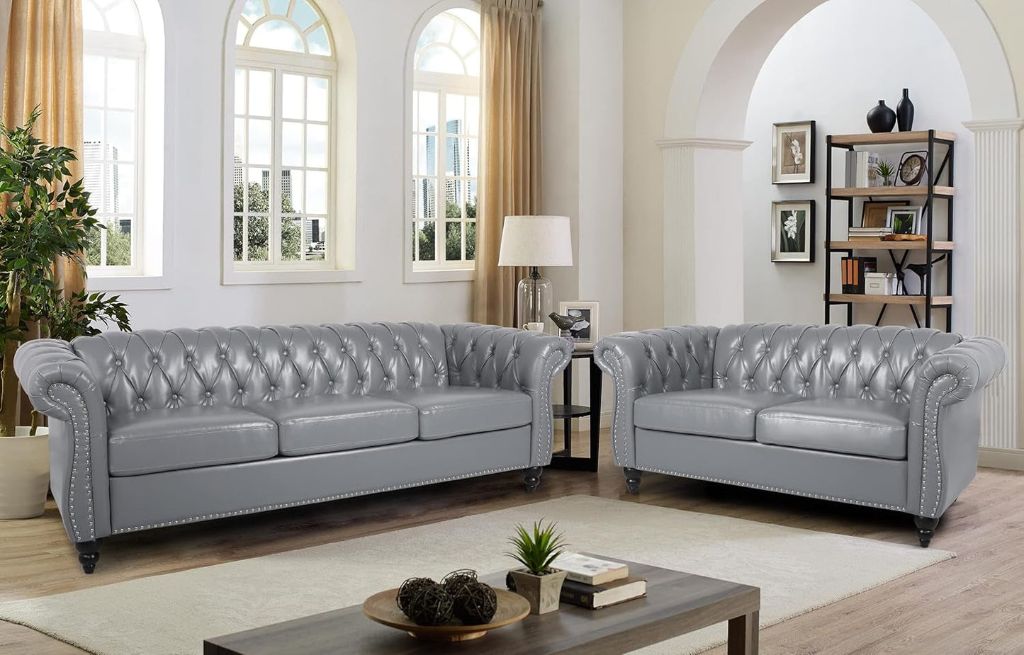 Modern 2 Pieces Living Room Sofa Set, Tufted Button Faux Leather Chesterfield Three-Seater Couch and Chesterfield Loveseat with Nailhead Trim Scroll Arms for Home Furniture, Grey-0