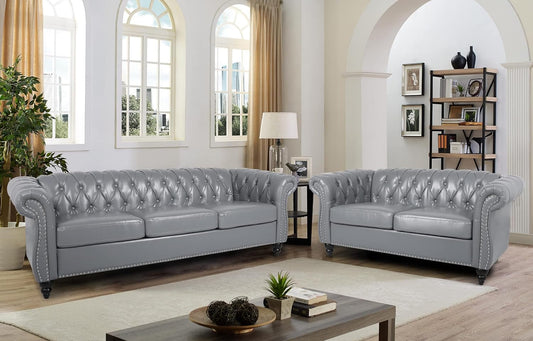 Modern 2 Pieces Living Room Sofa Set, Tufted Button Faux Leather Chesterfield Three-Seater Couch and Chesterfield Loveseat with Nailhead Trim Scroll Arms for Home Furniture, Grey-0